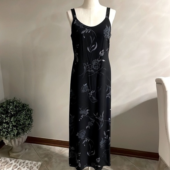 NWT VINTAGE HAROLD’S 100% SILK black sparing floral tank long dress size 10 - Picture 1 of 15